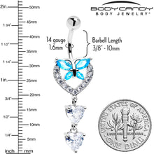 Load image into Gallery viewer, Blue Clear Gem Butterfly Hearts Of Love Dangle Belly Ring