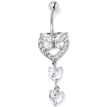 Load image into Gallery viewer, Clear CZ Gem Butterfly Hearts of Love Dangle Belly Ring
