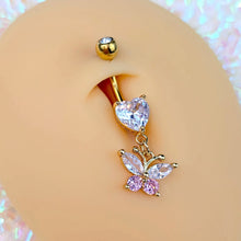 Load image into Gallery viewer, Clear Pink Gem Gold Tone Love Butterfly Dangle Belly Ring
