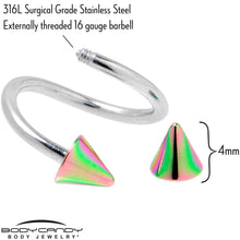 Load image into Gallery viewer, 16G 3/8 Rainbow Cone Ends Spiral Twister Eyebrow Ring