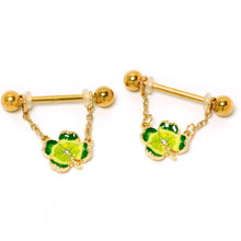 Load image into Gallery viewer, 14G 9/16 Clear Gem Gold Hue Lucky Shamrock Dangle Nipple Ring Set