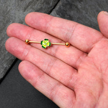 Load image into Gallery viewer, 14G Clear Gem Gold Tone Lucky Shamrock Industrial Barbell 38mm