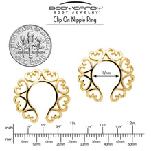 Load image into Gallery viewer, Gold Tone Filigree Hearts Clip On Fake Nipple Ring Set