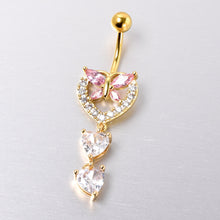 Load image into Gallery viewer, Clear Pink CZ Gem Gold Tone Heart Butterfly Double Dangle Belly Ring