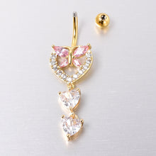 Load image into Gallery viewer, Clear Pink CZ Gem Gold Tone Heart Butterfly Double Dangle Belly Ring