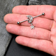 Load image into Gallery viewer, 14G Clear CZ Gem Moon Dangle Star Industrial Barbell 38mm