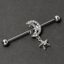 Load image into Gallery viewer, 14G Clear CZ Gem Moon Dangle Star Industrial Barbell 38mm