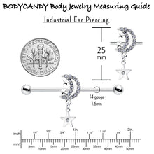 Load image into Gallery viewer, 14G Clear CZ Gem Moon Dangle Star Industrial Barbell 38mm