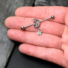 Load image into Gallery viewer, 14G Pink CZ Gem Moon Dangle Star Industrial Barbell 38mm