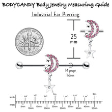 Load image into Gallery viewer, 14G Pink CZ Gem Moon Dangle Star Industrial Barbell 38mm