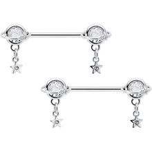 Load image into Gallery viewer, 14G 9/16 Clear CZ Gem Starry Saturn Dangle Nipple Ring Set