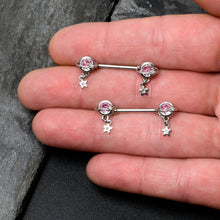 Load image into Gallery viewer, 14G 9/16 Pink CZ Gem Starry Saturn Dangle Nipple Ring Set