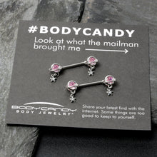 Load image into Gallery viewer, 14G 9/16 Pink CZ Gem Starry Saturn Dangle Nipple Ring Set