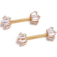 Load image into Gallery viewer, 14G 9/16 Clear CZ Gem Gold Tone Regal Rectangles Nipple Ring Set