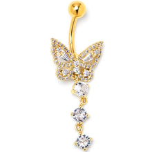 Load image into Gallery viewer, Clear CZ Gem Gold Tone Dramatic Butterfly Dangle Belly Ring