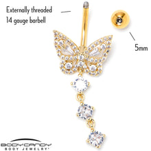 Load image into Gallery viewer, Clear CZ Gem Gold Tone Dramatic Butterfly Dangle Belly Ring