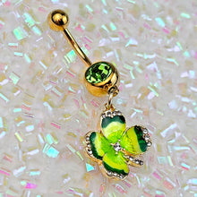 Load image into Gallery viewer, Clear Green Gem Gold Tone Lucky Shamrock Dangle Belly Ring