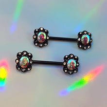 Load image into Gallery viewer, 14G 9/16 Aurora Gem Black Filigree Fantasy Barbell Nipple Ring Set