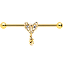 Load image into Gallery viewer, 14G Clear Gem Gold Hue Seeing Money Dangle Industrial Barbell 38mm