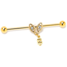 Load image into Gallery viewer, 14G Clear Gem Gold Hue Seeing Money Dangle Industrial Barbell 38mm