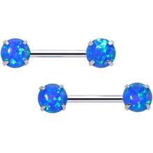 Load image into Gallery viewer, 14G 1/2 Blue Synthetic Opal Threadless Barbell Nipple Ring Set