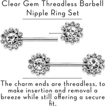 Load image into Gallery viewer, 14G 9/16 Clear CZ Gem Flower Threadless Barbell Nipple Ring Set