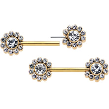 Load image into Gallery viewer, 14G 9/16 Clear CZ Gem Gold Tone Flower Threadless Nipple Ring Set