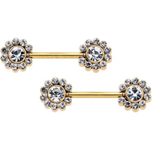 Load image into Gallery viewer, 14G 9/16 Clear CZ Gem Gold Tone Flower Threadless Nipple Ring Set