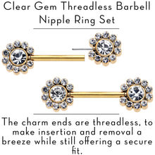 Load image into Gallery viewer, 14G 9/16 Clear CZ Gem Gold Tone Flower Threadless Nipple Ring Set