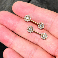 Load image into Gallery viewer, 14G 9/16 Clear CZ Gem Gold Tone Flower Threadless Nipple Ring Set