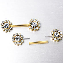 Load image into Gallery viewer, 14G 9/16 Clear CZ Gem Gold Tone Flower Threadless Nipple Ring Set