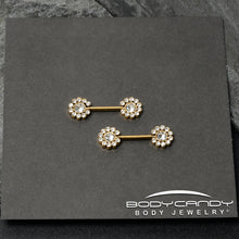 Load image into Gallery viewer, 14G 9/16 Clear CZ Gem Gold Tone Flower Threadless Nipple Ring Set