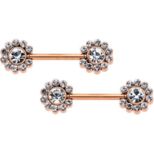 Load image into Gallery viewer, 14G 9/16 Clear CZ Gem Rosy Tone Flower Threadless Nipple Ring Set
