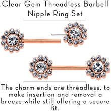 Load image into Gallery viewer, 14G 9/16 Clear CZ Gem Rosy Tone Flower Threadless Nipple Ring Set