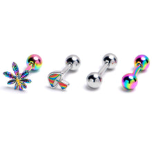 Load image into Gallery viewer, 16G 1/4 Rainbow Pot Leaf Mushroom Cartilage Earring Curation Set of 4