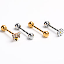 Load image into Gallery viewer, Clear Gem Gold Tone Daisy Bee Barbell Tongue Ring Set of 4