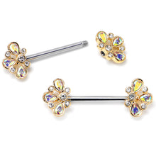 Load image into Gallery viewer, 14G 9/16 Aurora Gem Golden Crown Deluxe Barbell Nipple Ring Set