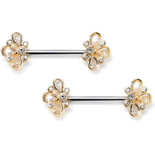 Load image into Gallery viewer, 14G 9/16 Clear Gem Golden Crown Deluxe Barbell Nipple Ring Set