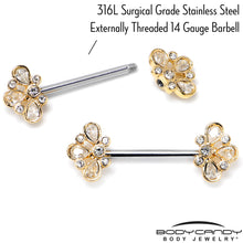 Load image into Gallery viewer, 14G 9/16 Clear Gem Golden Crown Deluxe Barbell Nipple Ring Set