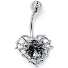 Load image into Gallery viewer, Clear CZ Gem Web Heart Black Spider Belly Ring
