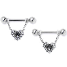 Load image into Gallery viewer, 14G 9/16 Clear CZ Gem Heart of Spider Chain Dangle Nipple Ring Set