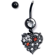 Load image into Gallery viewer, Clear Red CZ Gem Black Heart Floral Dangle Belly Ring