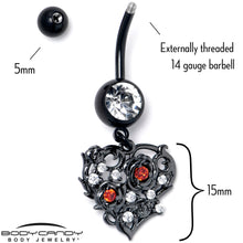 Load image into Gallery viewer, Clear Red CZ Gem Black Heart Floral Dangle Belly Ring