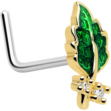 Load image into Gallery viewer, 20G 7mm Clear Gem Green Leaf Golden L Shape Nose Ring