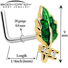 Load image into Gallery viewer, 20G 7mm Clear Gem Green Leaf Golden L Shape Nose Ring