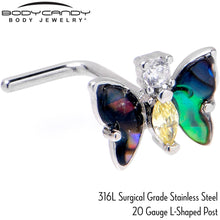 Load image into Gallery viewer, 20G 7mm Yellow Clear Gem Dark Butterfly L Shape Nose Ring