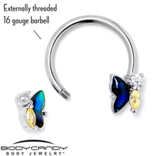 Load image into Gallery viewer, 16G 3/8 Yellow Clear Gem Dark Butterfly Horseshoe Circular Barbell