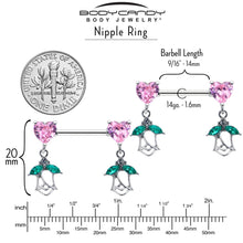 Load image into Gallery viewer, 14G 9/16 Pink CZ Gem Hearts And Roses Dangle Nipple Ring Set