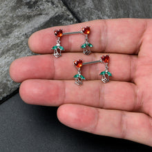 Load image into Gallery viewer, 14G 9/16 Red CZ Gem Hearts And Roses Dangle Nipple Ring Set