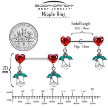 Load image into Gallery viewer, 14G 9/16 Red CZ Gem Hearts And Roses Dangle Nipple Ring Set